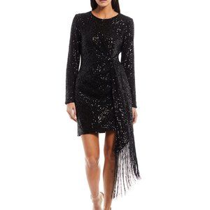 Belle Badgley Mischka Harley Crepe Fringe Crew Neck Long Sleeve Bodycon Dress.